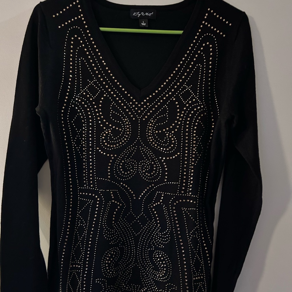 SAY WHAT • Black Sweater w/Gold Rhinestone Dress • sz L • - Picture 2 of 9
